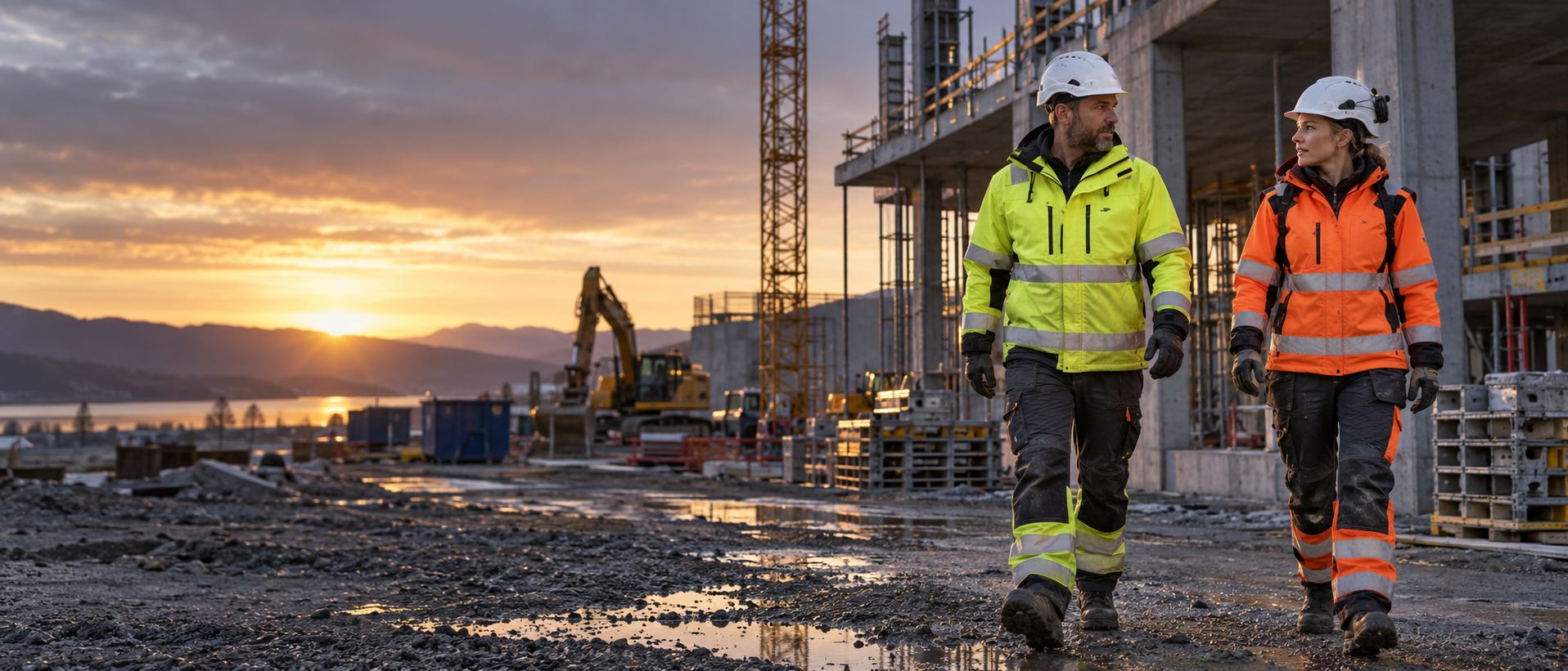Zwei Personen in gelber und oranger Warnschutzkleidung auf einer Baustelle bei Sonnenaufgang