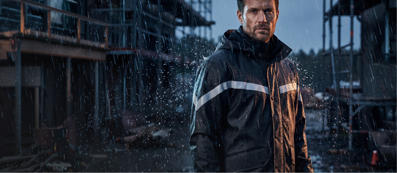 Handwerker in dunkler wasserdichter Arbeitsjacke im Regen