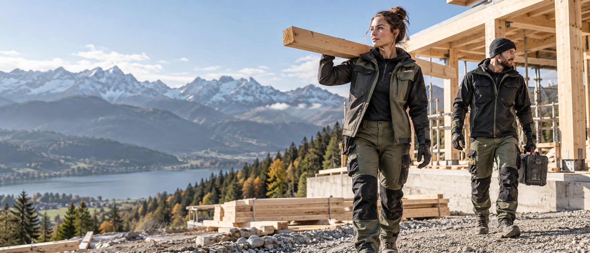 Zwei Personen in flexibler Arbeitskleidung auf einer Holzbaustelle vor Alpenpanorama
