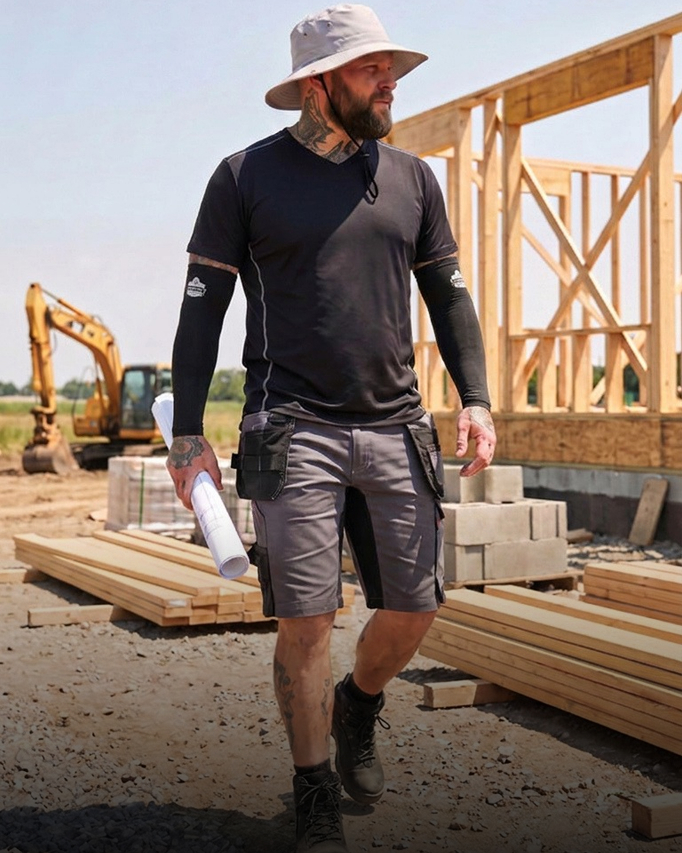 Arbeiter outdoor mit Sonnenschutz