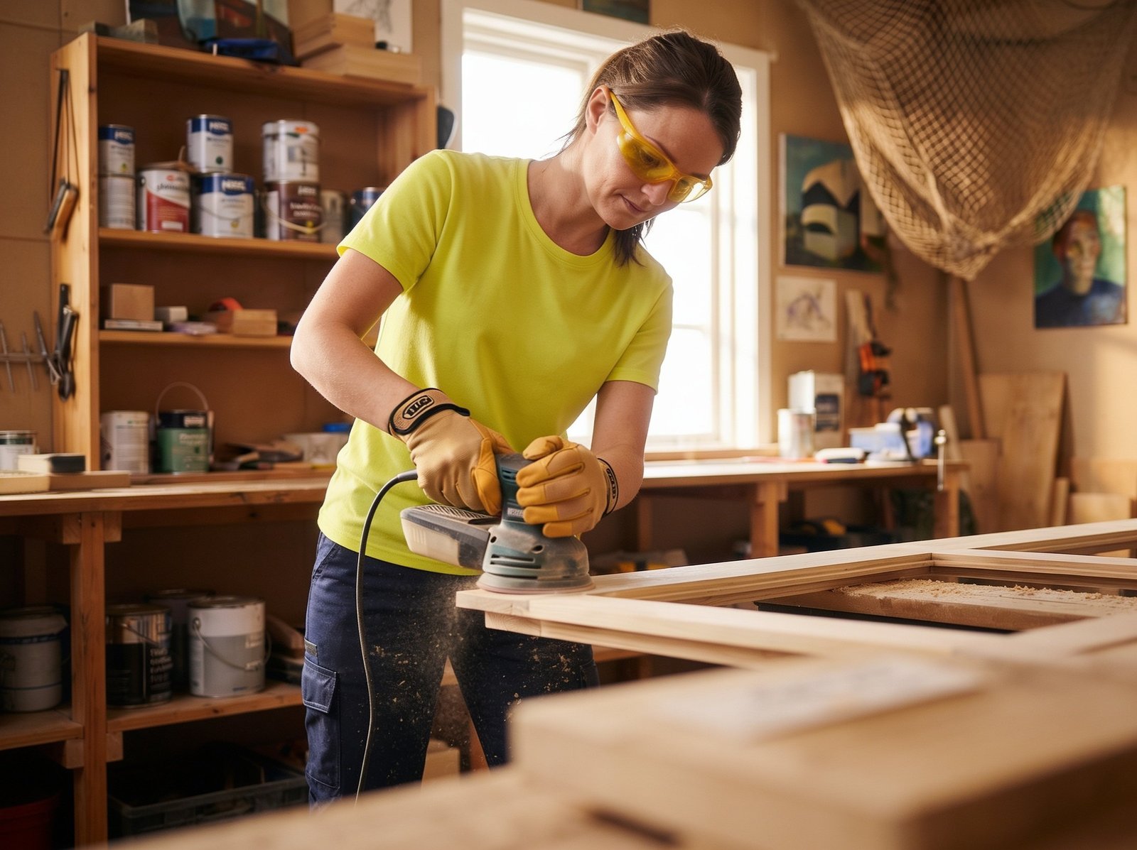 Handwerkerin bei der Holzbearbeitung in der Werkstatt