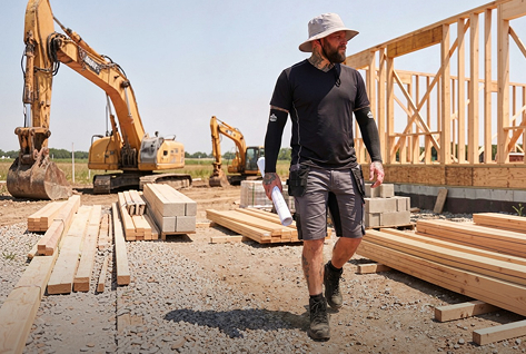 Handwerker mit Sonnenhut, langärmligem Shirt und Shorts auf einer Holzbaustelle