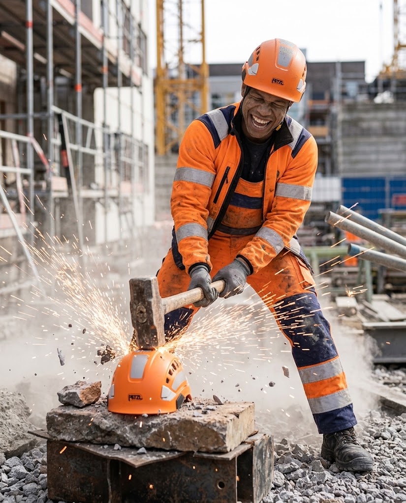 Arbeiter in oranger Warnschutzkleidung beim Trennen von Metall mit Funkenflug