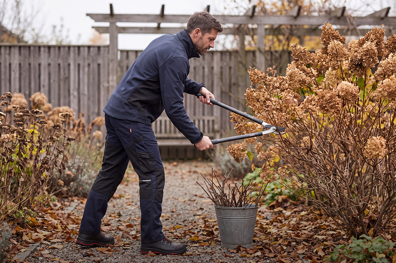 Gärtner bei Herbstarbeiten im Garten