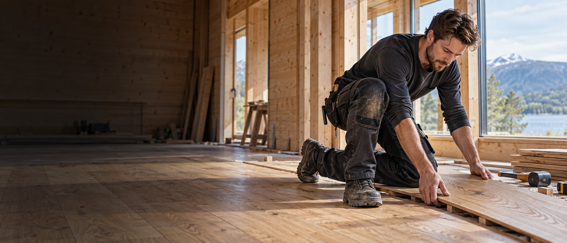 Handwerker verlegt Holzboden; Arbeitshose und Bewegungsfreiheit stehen im Vordergrund