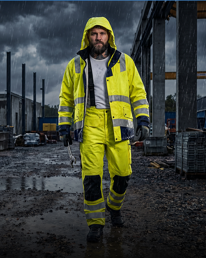 Handwerker in leichter atmungsaktiver Regenjacke unterwegs bei Regen