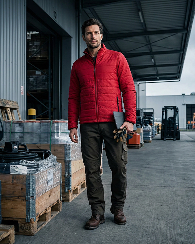 Mann in roter Steppjacke und dunkler Arbeitshose in einer Lagerhalle