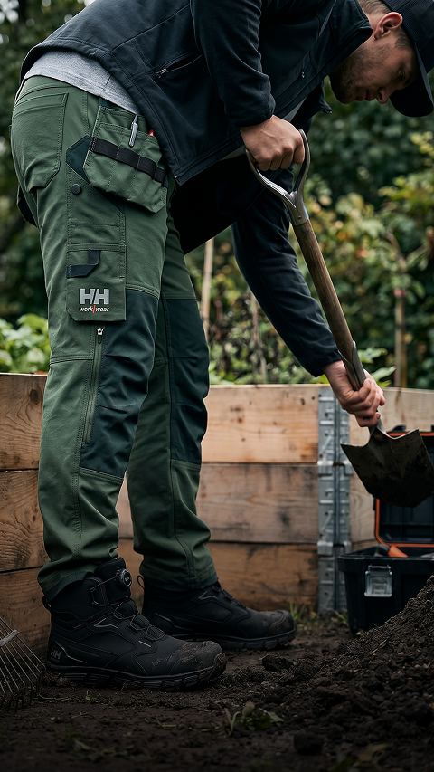 Gärtner in grüner Arbeitskleidung bei Erdarbeiten im Garten