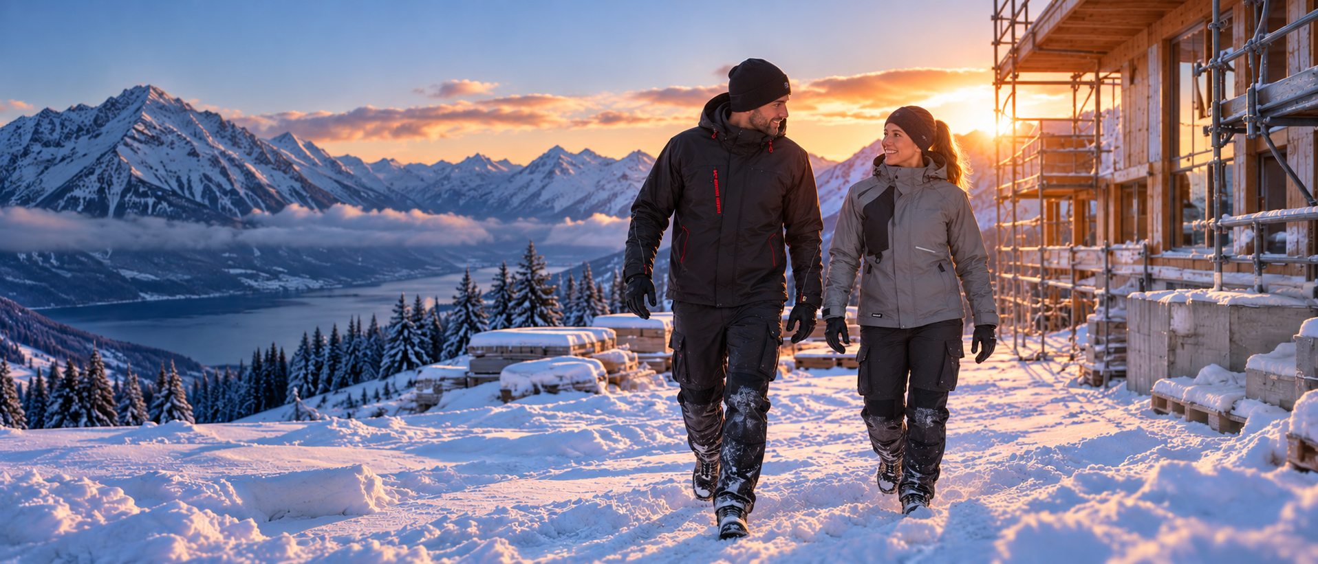 Zwei Personen in warmer Arbeitskleidung gehen auf einer verschneiten Holzbaustelle bei Sonnenuntergang
