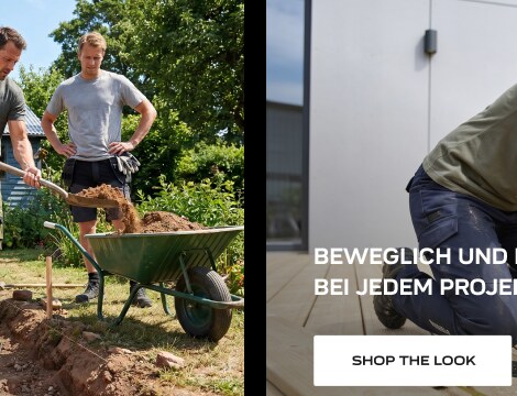 Handwerkerin arbeitet kniend auf einer Terrasse in flexibler Arbeitshose