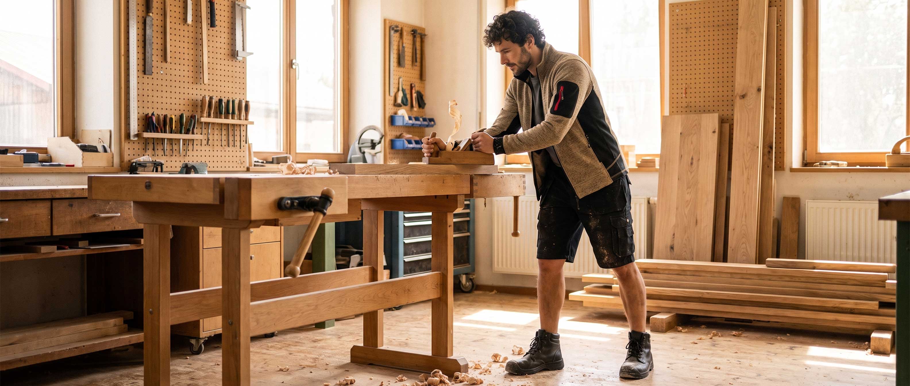 Tischler-Schreiner-Outfit bei der Holzbearbeitung
