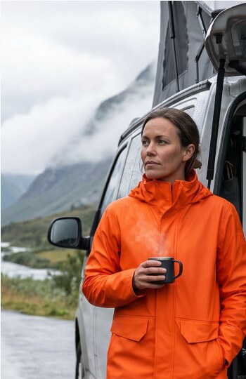 Frau in wetterfester oranger Regenjacke im Freien