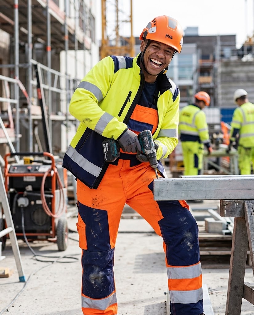 Arbeiter in leuchtgelber und oranger Warnschutzkleidung auf einer Baustelle