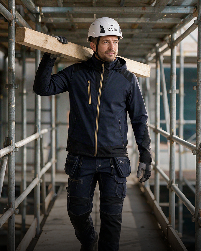 Mann mit Softshell Jacke auf der Baustelle