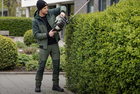 Gärtner mit Heckenschere bei Pflegearbeiten im Garten