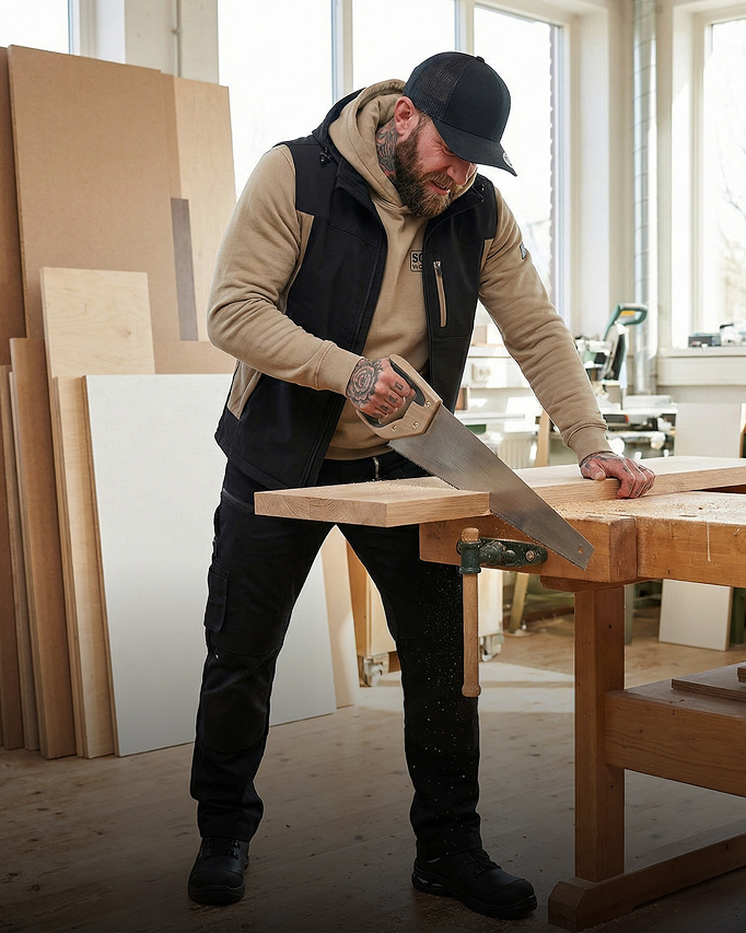 Schreinerin passt einen Einbauschrank vor Ort ein