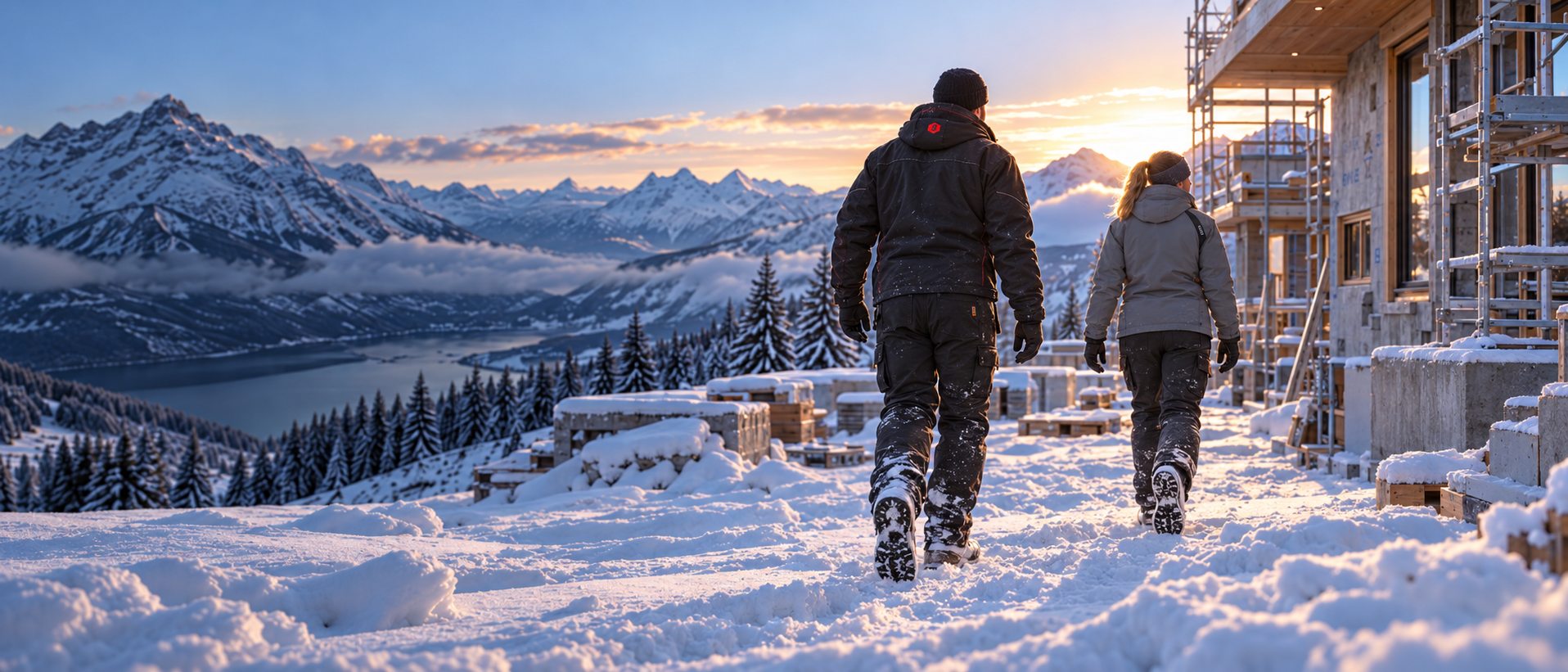 Zwei Personen in Winterarbeitskleidung auf einer verschneiten Holzbaustelle vor Bergpanorama