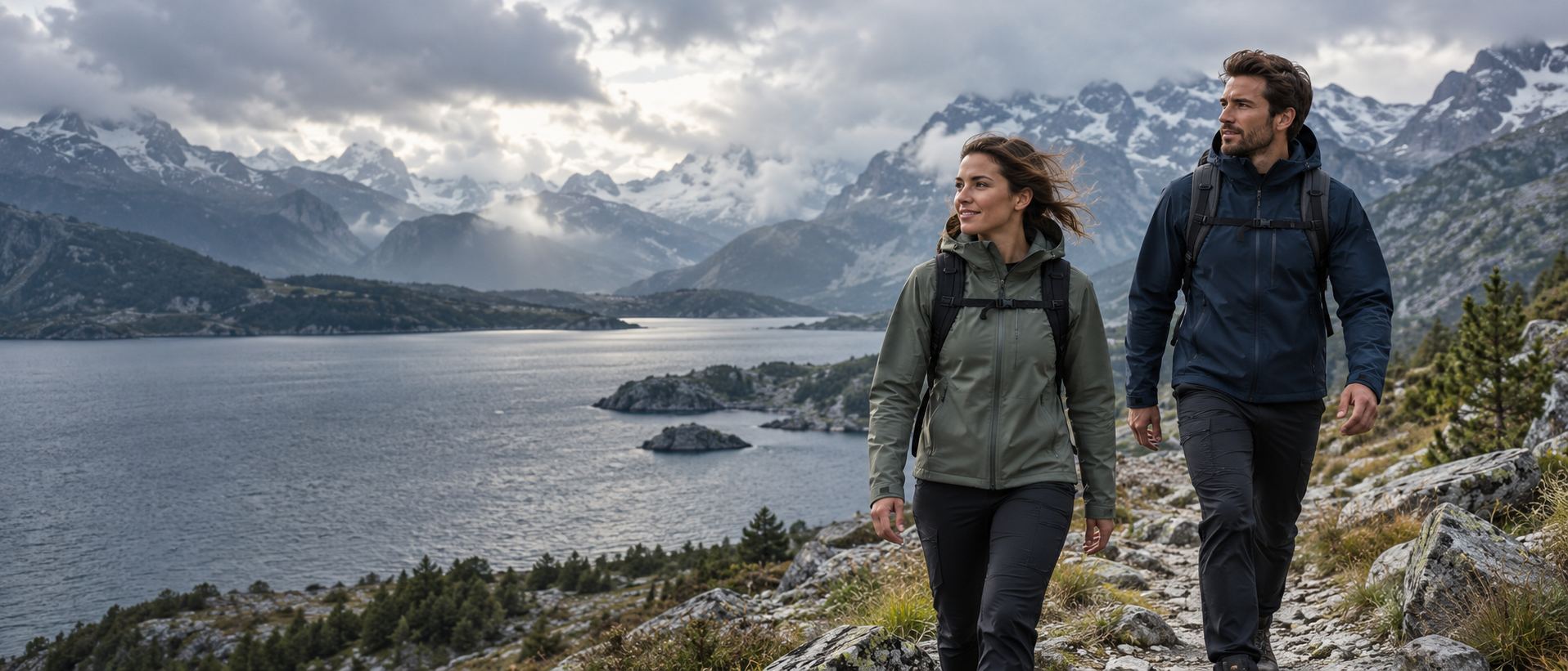 Two people in softshell jackets walking beside an alpine lake under changing skies