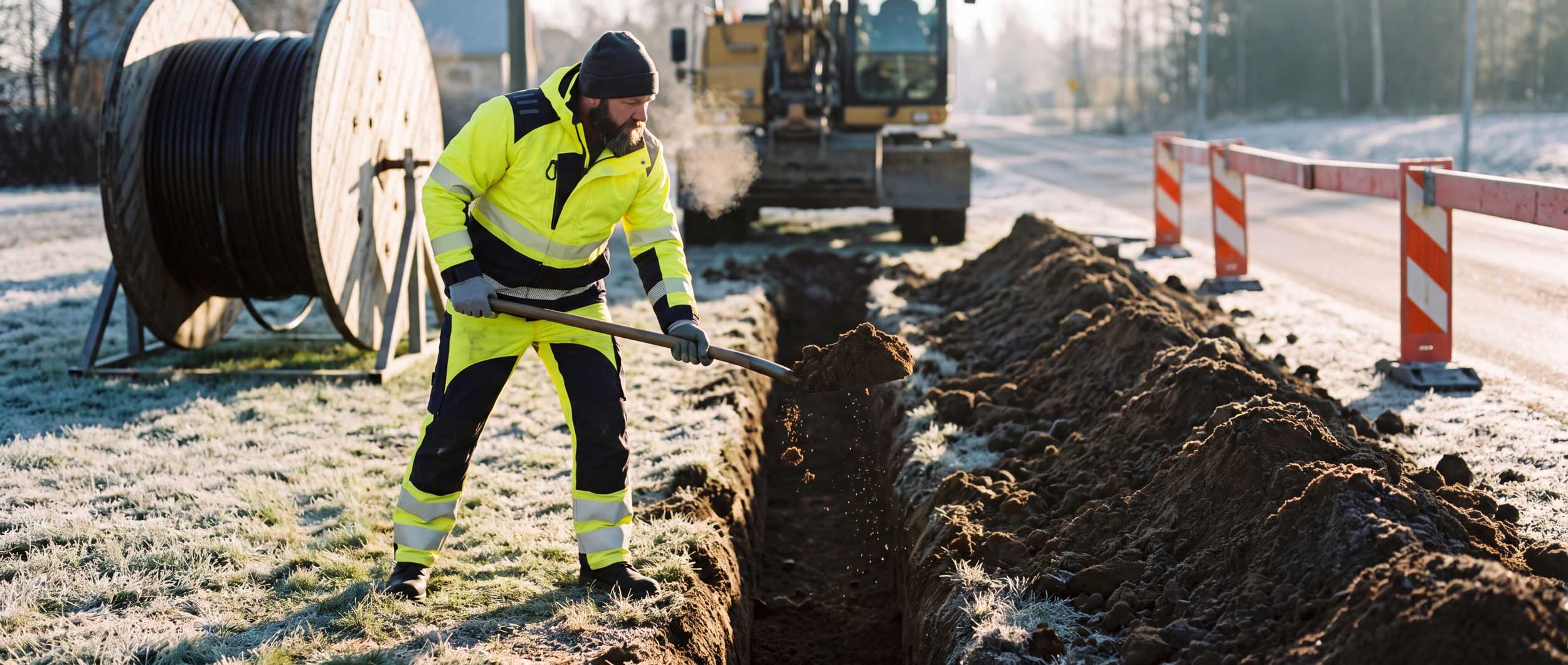 Netzbau im Winter mit gelber Warnschutzkleidung